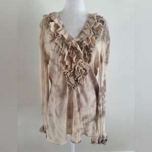 Boston Proper vintage Taupe Ruffle V‑Neck Long Sleeve Blouse silk cotton